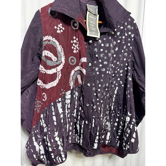 Harubella Batik Crinkle Art Shirt Purple Maroon Handmade Button Front Top Size M - Picture 1 of 8